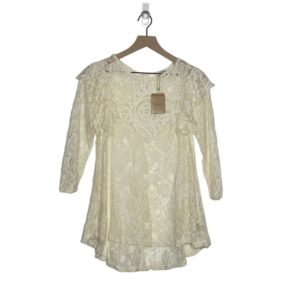 NEW UMGEE Floral Lace Top Women's Size Small Cream Crochet Ruffle 3/4 Sleeve - Picture 2 of 9
